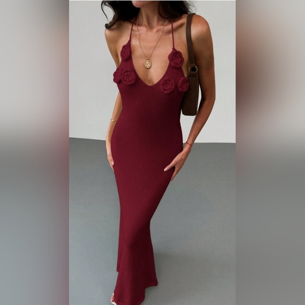 Crochet Flowers Burgundy Mermaid Summer Maxi Halter Dress Size M